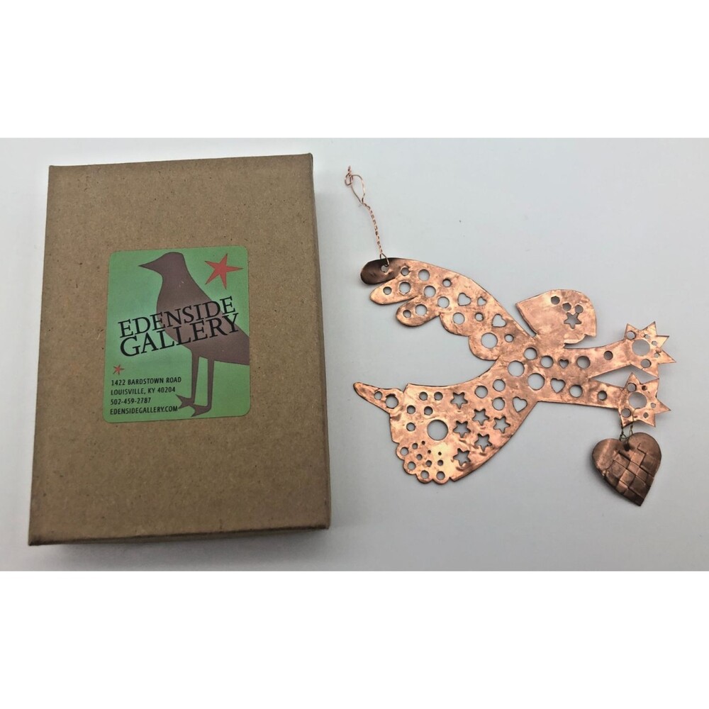 Handmade Hammered Metal Copper Angel Heart Christmas Tree Ornament Hanging